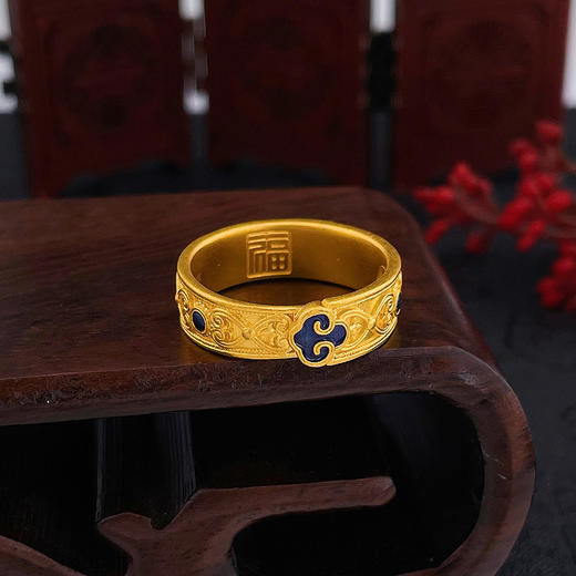足金999.9 古法活口实心低温蓝珐琅如意年年圈戒幸福如意内圈福字如意纹满圈戒指（面宽约6.2-6.6mm）(ANWZGFJZ00020-2)（预售产品下单后不退款不退货不换货不补差价） 商品图0
