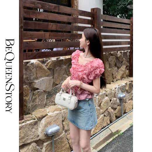 BeQueenStory【珊瑚梦境】手工缝制水晶珠弹力一字肩短款上衣 商品图3