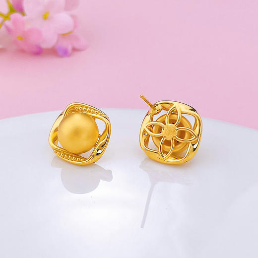 【限时克减150元】足金 无氰5D硬金空心金珠方形辘珠边耳饰（配胶塞）(AU5DES00009)（预售产品下单后不退款不退货不换货不补差价（预售产品下单后不退款不退货不换货不补差价 商品图1