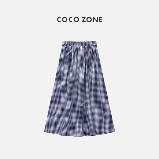 COCO ZONE "蓝格"100棉格子抽绳A字半身裙百搭复古中长裙CC1B0846 商品图1