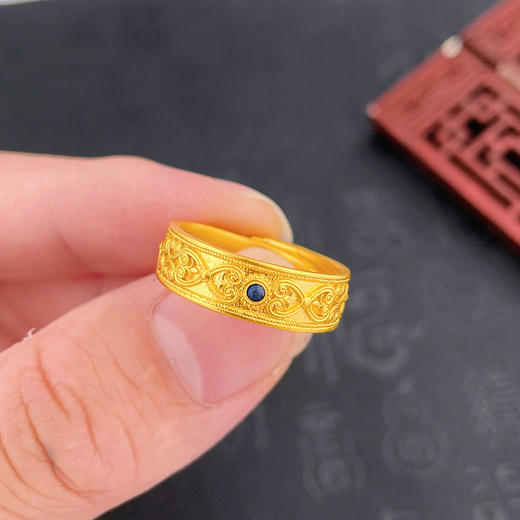 足金999.9 古法活口实心低温蓝珐琅如意年年圈戒幸福如意内圈福字如意纹满圈戒指（面宽约6.2-6.6mm）(ANWZGFJZ00020-2)（预售产品下单后不退款不退货不换货不补差价） 商品图4