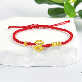 【限时7.5折】【定价黄金】足金 3D硬金金币金珠红绳调节成品手串(AA3DSC00208)（预售产品下单后不退款不退货不换货不补差价）（预售产品下单后不退款不退货不换货不补差价）