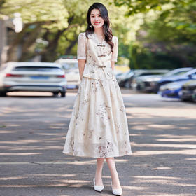 新中式改良显瘦，盘扣国风印花半身裙两件套HR-SYY733