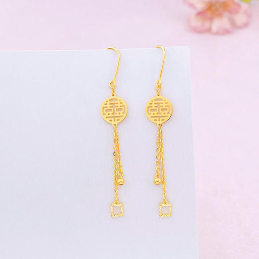 【限时克减150元】足金999.99 #婚庆 【精品】五9黄金耳钩耳吊双喜婚庆耳钩几何方环金珠流苏喜字耳吊(ACES00188)（预售产品下单后不退款不退货不换货不补差价） 商品图0