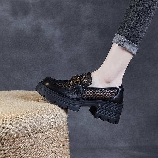 网面厚底乐福鞋，真皮透气网纱小皮鞋一脚蹬单鞋ZM24X767 商品图1