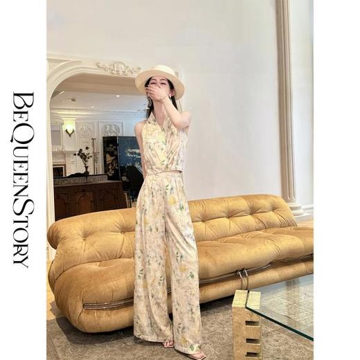 【大货捡漏，不退不换】  【原野新风】夏季缎面印花挂脖无袖上衣&侧边隐拉长裤 商品图3