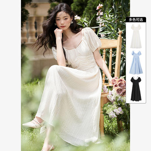 西遇V领泡泡袖茶歇连衣裙女新款褶皱高腰显瘦A摆裙子D0640507 商品图2