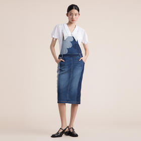 谜底牛仔背带裙2022夏季新款学院减龄贴布绣中长半裙222MB0523