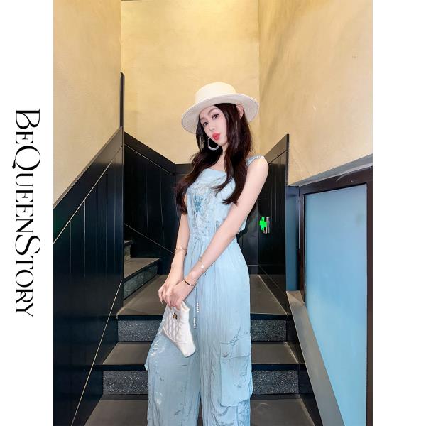 【孤品样衣，不退不换】【青春由你】时尚蝴蝶烫画休闲工装风仿铜氨皱背带裤