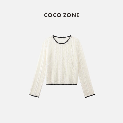 COCO ZONE 2024"米妮"春季复古纯色圆领针织衫镂空长袖上衣CC1A0605 商品图4