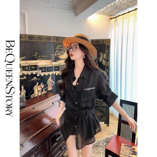 余潇潇【高知御姐】轻薄透气烫钻调节袖宽松长款麻感衬衫 商品图3