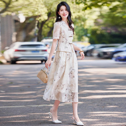 新中式改良显瘦，盘扣国风印花半身裙两件套HR-SYY733 商品图1