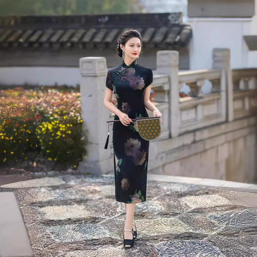 珍爱一生2024夏季丝绸提花改良气质复古老上海黑色女装长款旗袍裙 商品图2