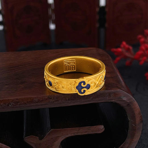 足金999.9 古法活口实心低温蓝珐琅如意年年圈戒幸福如意内圈福字如意纹满圈戒指（面宽约6.2-6.6mm）(ANWZGFJZ00020-2)（预售产品下单后不退款不退货不换货不补差价） 商品图3