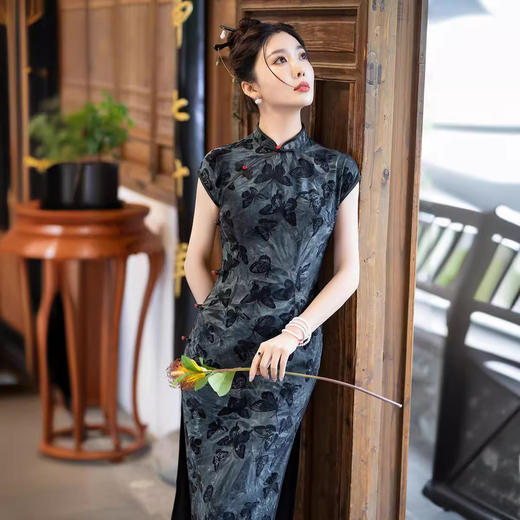 ZAYS夏季复古风老上海年轻款植绒扎染气质高级感长旗袍女 商品图0