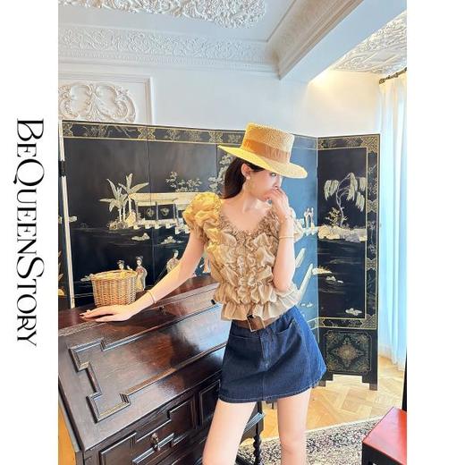 【孤品样衣，不退不换】【深海牛仔】实用大口袋拼接蕾丝花边洗水牛仔裤裙 商品图4