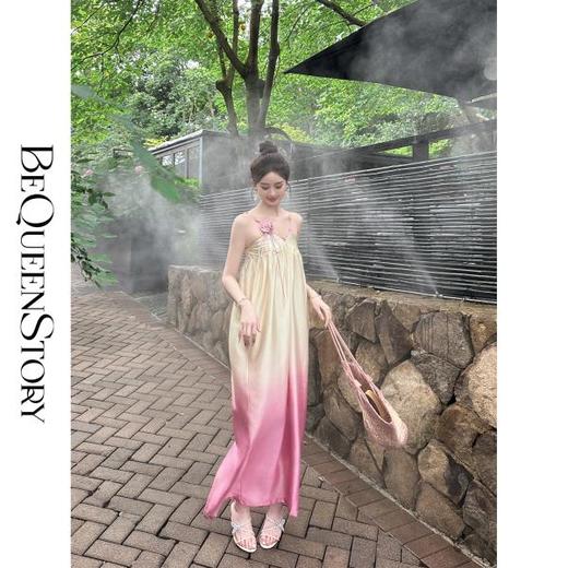 BeQueenStory【含苞待放】浪漫闪光缎立体花朵渐变花苞长款连衣裙 商品图0