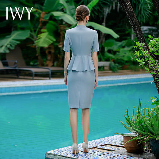 IWY/高端酒店工作服女商务接待工装夏浅蓝色短袖职业装西装套裙女CS1756 商品图3