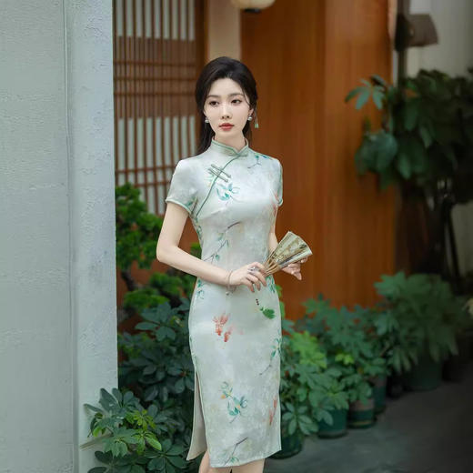 ZAYS夏季中长提花双层气质新中式女装中国风短袖连衣裙旗袍 商品图1