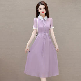 简约长款修身时尚A字裙，娃娃领短袖小清新洋气连衣裙QYM-OMS-ZXA4176-L