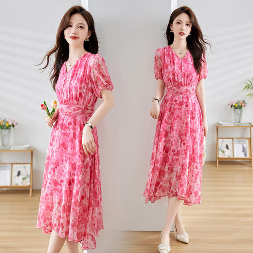 法式印花收腰显瘦，碎花气质v领连衣裙HR-6080 商品图2