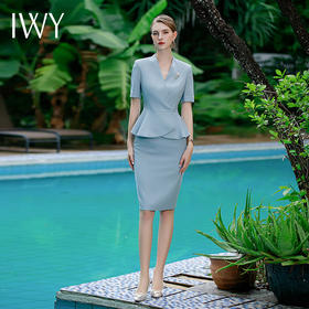 IWY/高端酒店工作服女商务接待工装夏浅蓝色短袖职业装西装套裙女CS1756