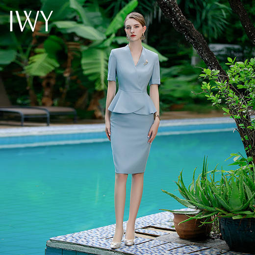 IWY/高端酒店工作服女商务接待工装夏浅蓝色短袖职业装西装套裙女CS1756 商品图0