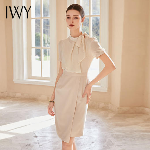 IWY/空姐范系带衬衫小众设计感连衣裙女工作服假两件接拼连身裙子Q1138 商品图4
