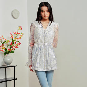 法式欧根纱薄外套紫色碎花收腰设计感MS88JA255