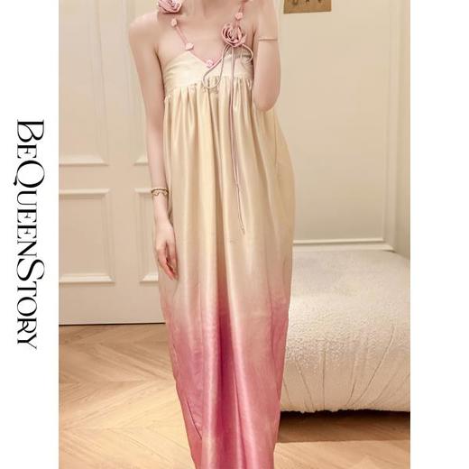 BeQueenStory【含苞待放】浪漫闪光缎立体花朵渐变花苞长款连衣裙 商品图2