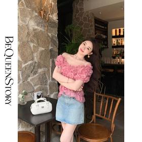 BeQueenStory【珊瑚梦境】手工缝制水晶珠弹力一字肩短款上衣