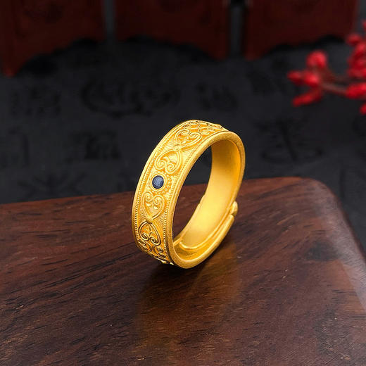 足金999.9 古法活口实心低温蓝珐琅如意年年圈戒幸福如意内圈福字如意纹满圈戒指（面宽约6.2-6.6mm）(ANWZGFJZ00020-2)（预售产品下单后不退款不退货不换货不补差价） 商品图1