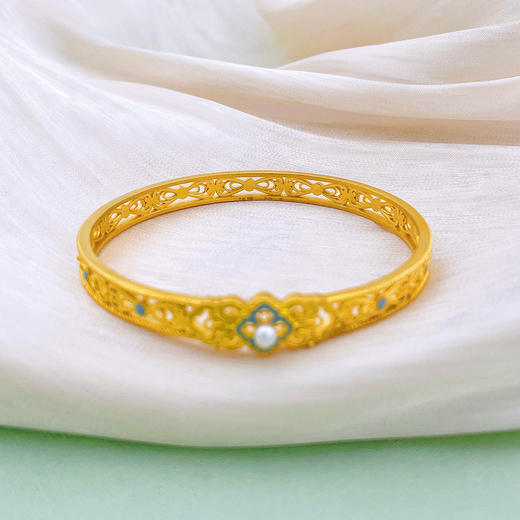 【限时克减150元】足金999  古法镂空固口珐琅贝珠宋韵四合如意手镯(ANGFSZ00001)（预售产品下单后不退款不退货不换货不补差价） 商品图2