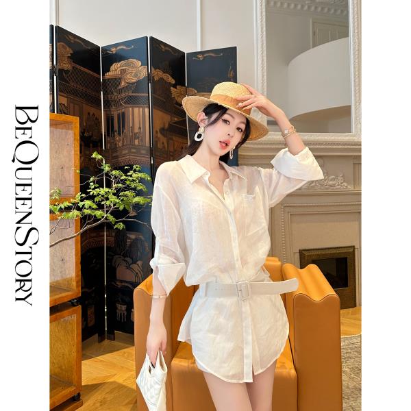 余潇潇【高知御姐】轻薄透气烫钻调节袖宽松长款麻感衬衫
