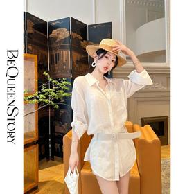 BeQueenStory【高知御姐】轻薄透气烫钻调节袖宽松长款麻感衬衫