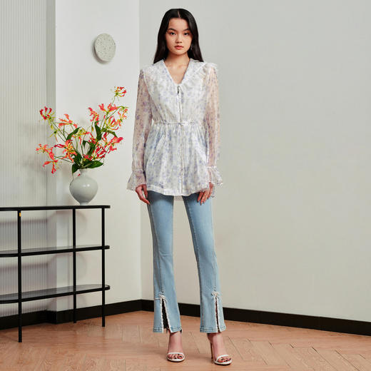 法式欧根纱薄外套紫色碎花收腰设计感MS88JA255 商品图2