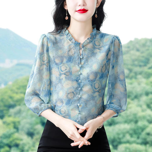 百搭拼接衬衫七分袖荷叶领雪纺衬衣K-E261N2364 商品图2