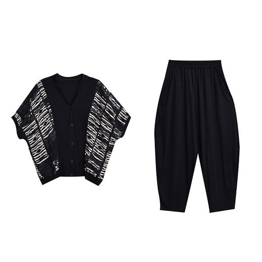 雀说时尚休闲套装新款V领单排扣条纹拼接减龄哈伦裤两件套AL7362 商品图4