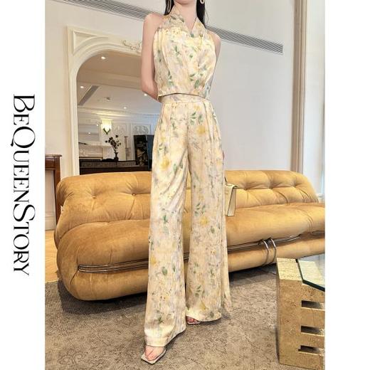 【大货捡漏，不退不换】  【原野新风】夏季缎面印花挂脖无袖上衣&侧边隐拉长裤 商品图0