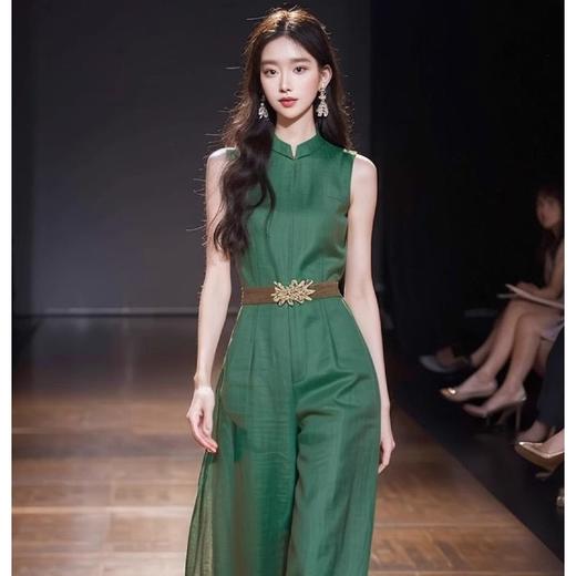 雀说新中式国风绿色连体裤子新款时尚洋气复古优雅休闲套装AL9094 商品图2