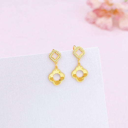 【限时克减150元】足金999.99 【精品】五9黄金花形耳饰耳吊耳钉镂空鱼鳞幸运四叶草花形耳吊双四叶草耳钉(ACES00194)（预售产品下单后不退款不退货不换货不补差价 商品图0