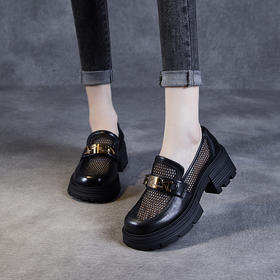网面厚底乐福鞋，真皮透气网纱小皮鞋一脚蹬单鞋ZM24X767