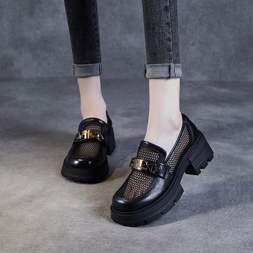 网面厚底乐福鞋，真皮透气网纱小皮鞋一脚蹬单鞋ZM24X767 商品图0