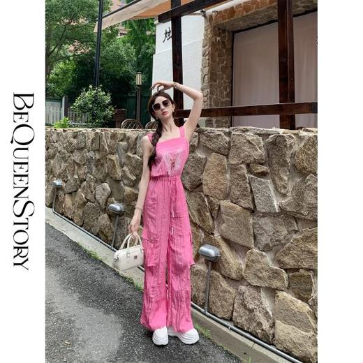 【孤品样衣，不退不换】【青春由你】时尚蝴蝶烫画休闲工装风仿铜氨皱背带裤 商品图2