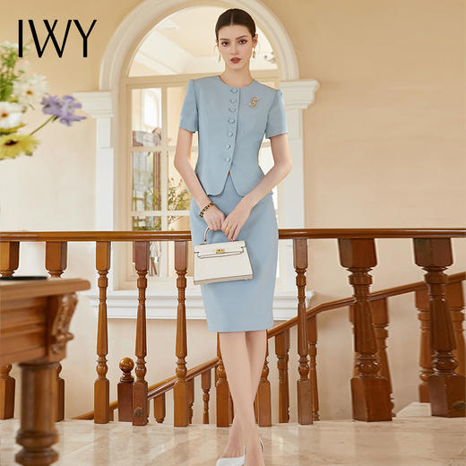 IWY/名媛范蓝色西装套裙女夏季韩版时尚短袖上衣气质职业装两件套CS2026 商品图4