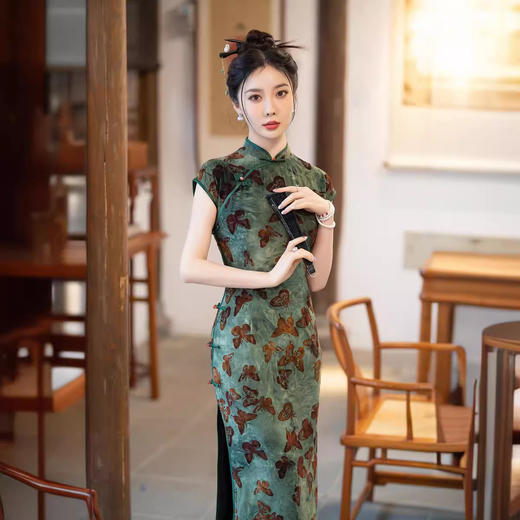 ZAYS植绒扎染旗袍2024夏季时尚年轻款修身老上海复古气质改良女装旗袍 商品图0