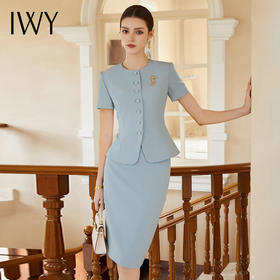 IWY/名媛范蓝色西装套裙女夏季韩版时尚短袖上衣气质职业装两件套CS2026