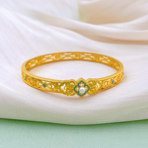 【限时克减150元】足金999  古法镂空固口珐琅贝珠宋韵四合如意手镯(ANGFSZ00001)（预售产品下单后不退款不退货不换货不补差价） 商品图0