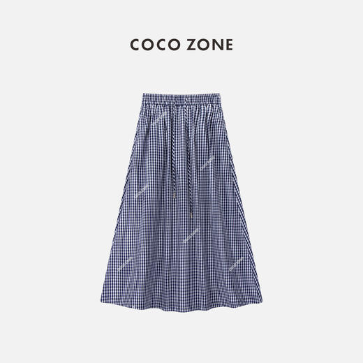 COCO ZONE "蓝格"100棉格子抽绳A字半身裙百搭复古中长裙CC1B0846 商品图0