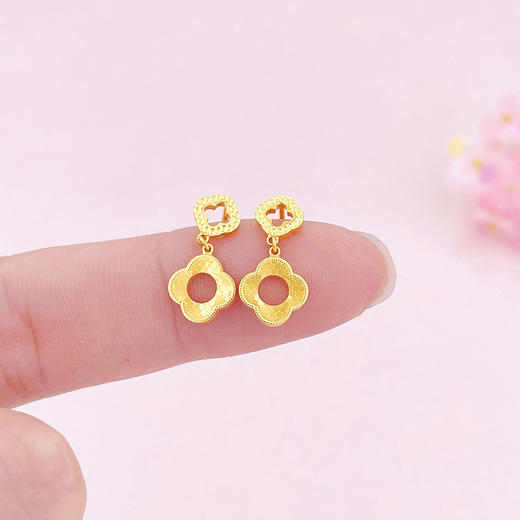 【限时克减150元】足金999.99 【精品】五9黄金花形耳饰耳吊耳钉镂空鱼鳞幸运四叶草花形耳吊双四叶草耳钉(ACES00194)（预售产品下单后不退款不退货不换货不补差价 商品图3